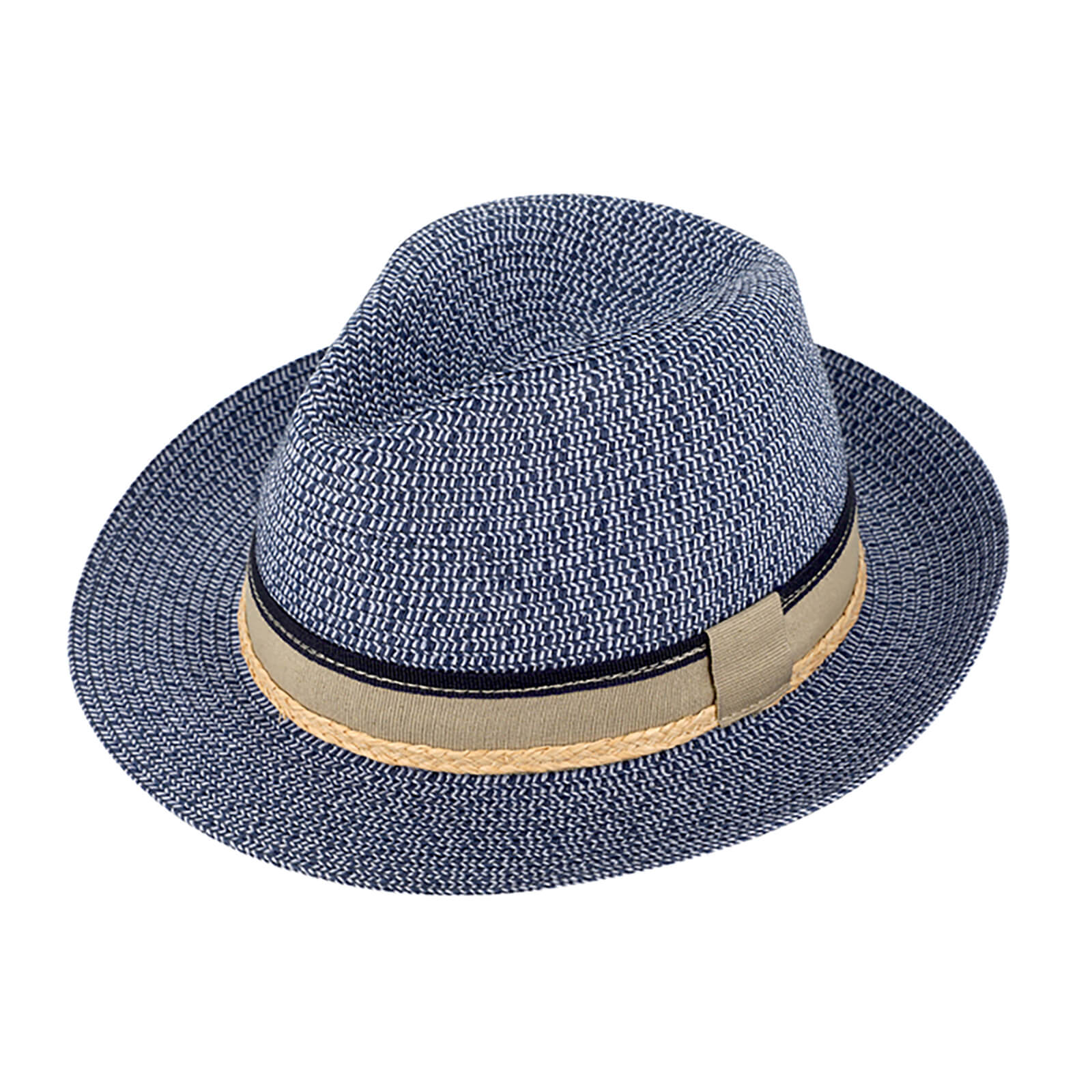 Fiebig Papierhut Fedora melange mit dreifarbigem Ripsband Marine