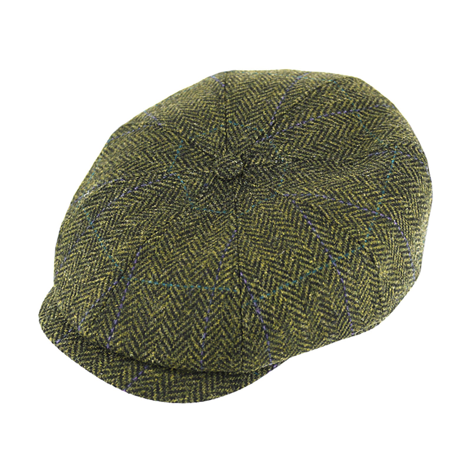 Fiebig 8-Panel Cap Shetlandwolle mit Steg Fischgraet und Karo Oliv