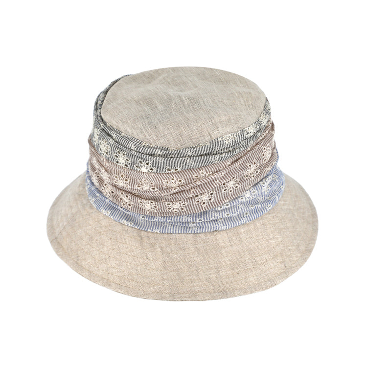 Fiebig Stoffhut Leinen uni Blumenstickerei gerafft Beige
