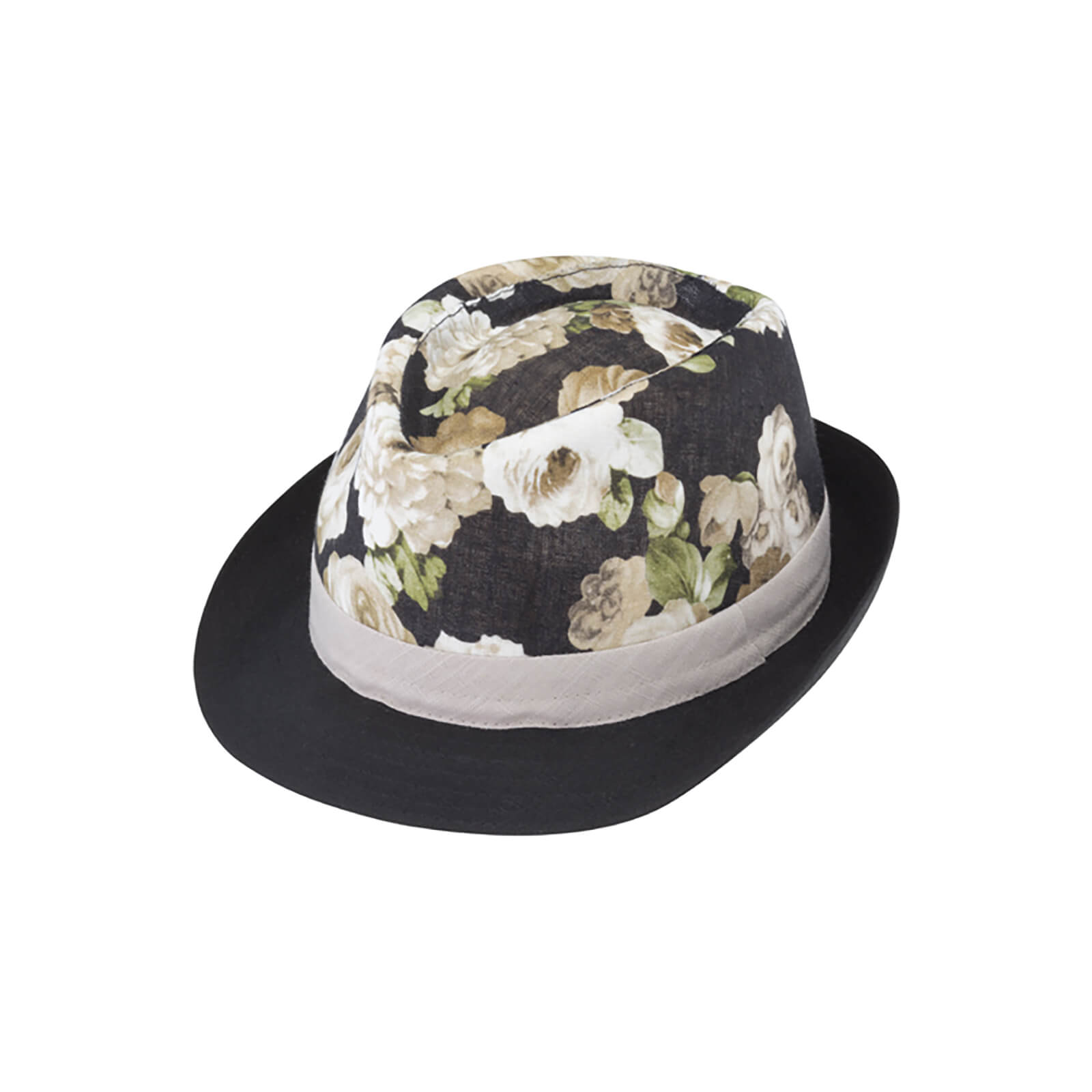 Fiebig Stoffhut Trilby Leinen floral gemustert Krempe und Band uni Schwarz