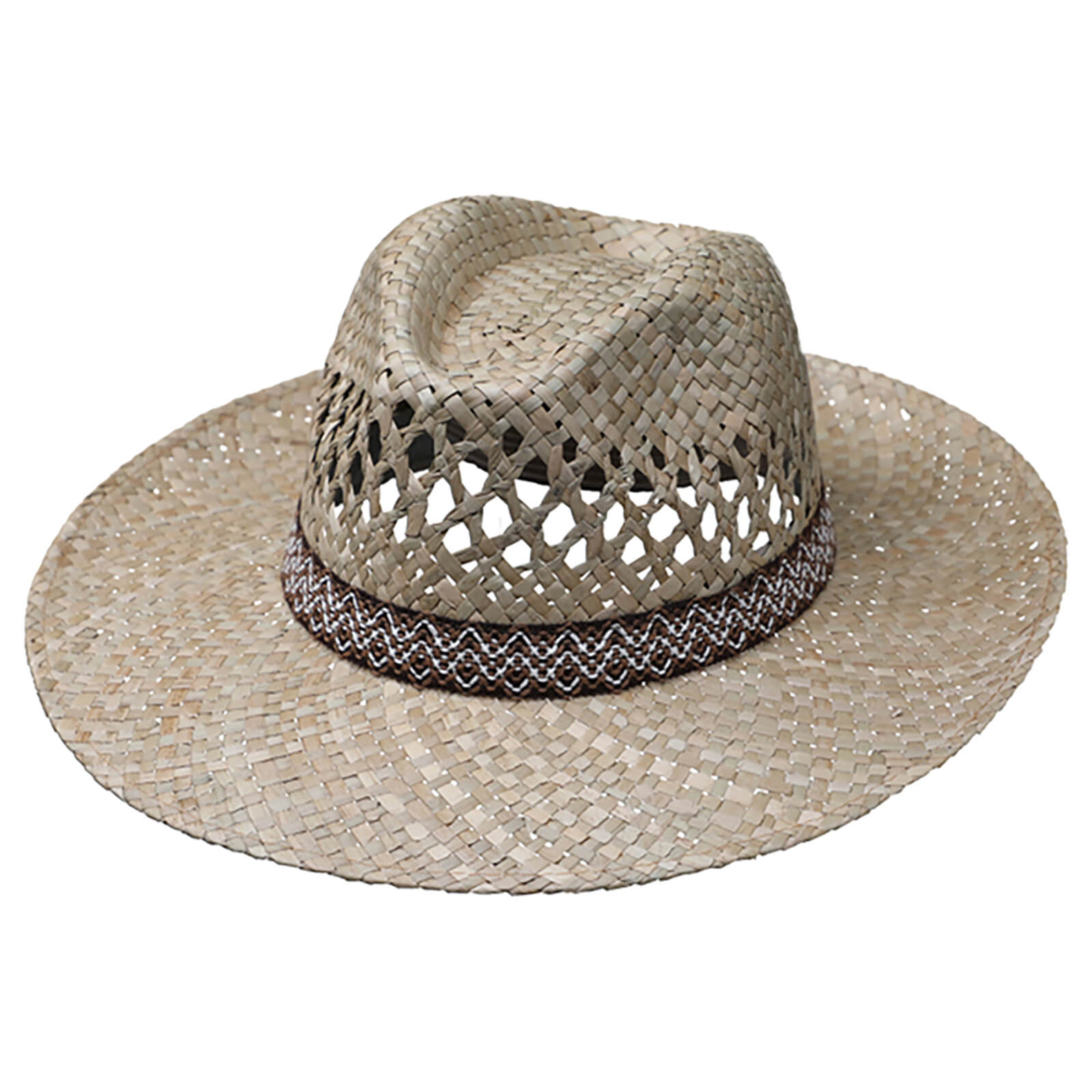 Fiebig Strohhut Fedora mit breiter Krempe + gemustertem Band Natur