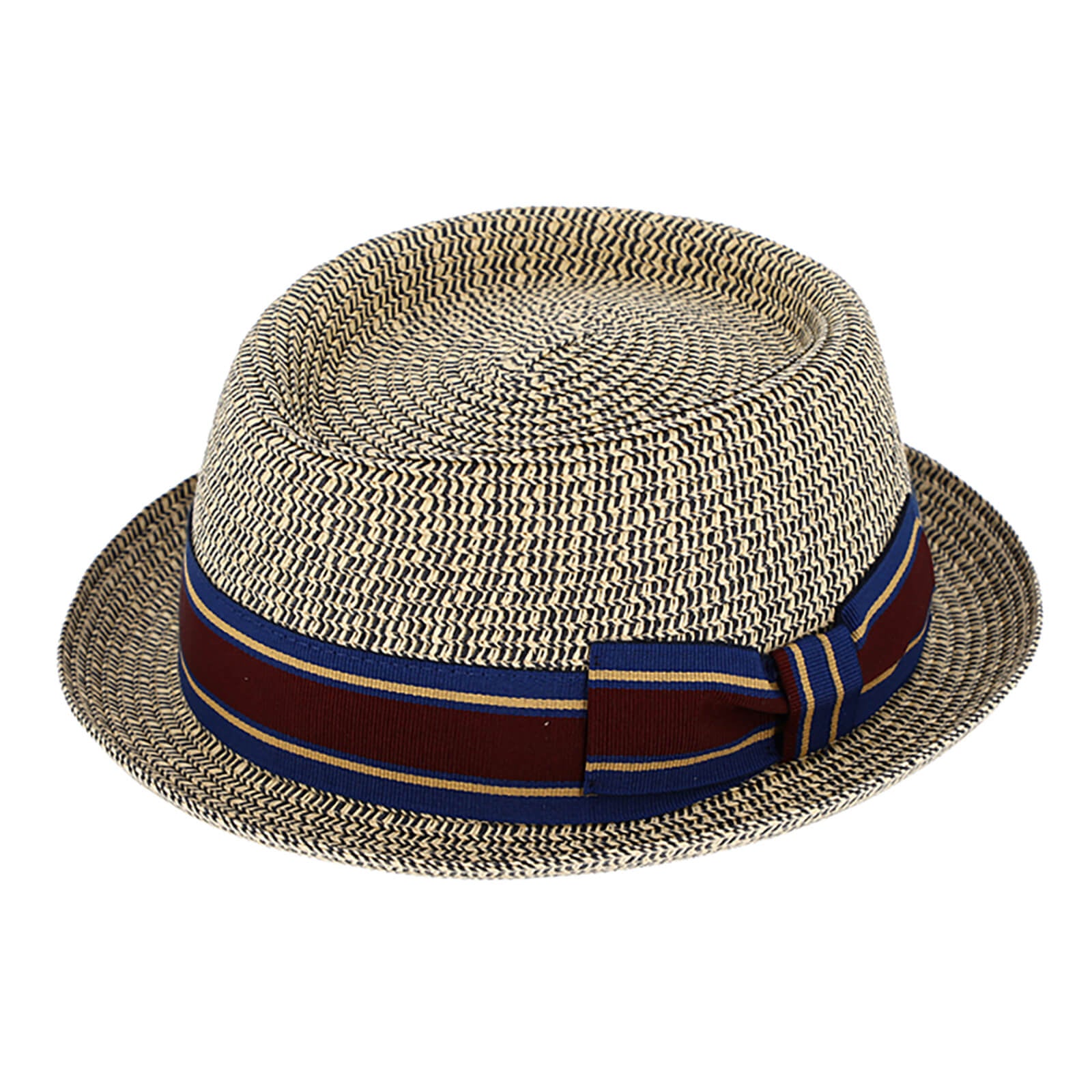 Fiebig Papierhut Pork Pie melange mit gestreiftem Ripsband Marine
