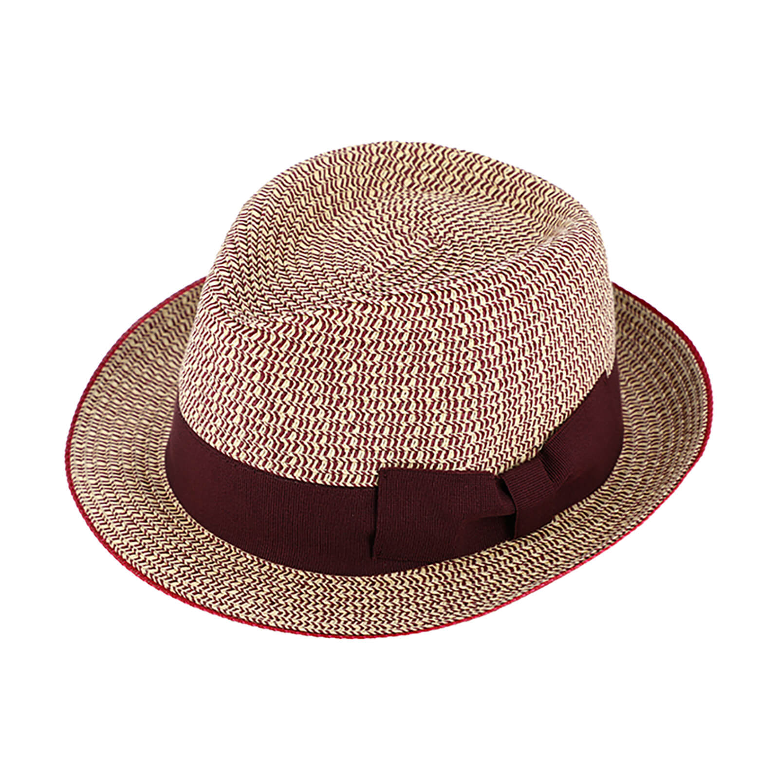 Fiebig Papierhut Trilby melange Ripsband und Borte uni abgesetzt Erdbeerrot