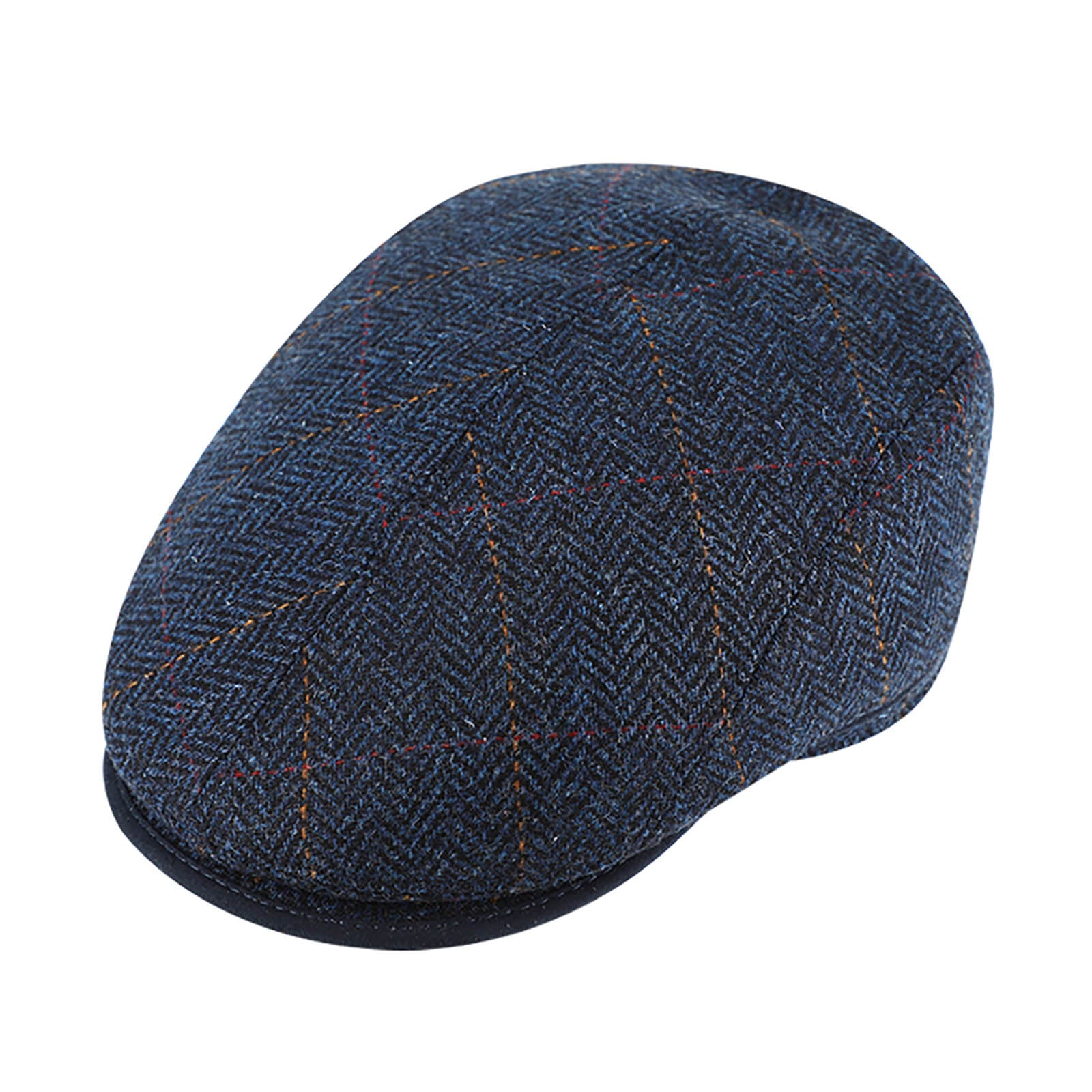 Fiebig Flatcap Shetland Wolle Fischgraet und Karo Marineblau