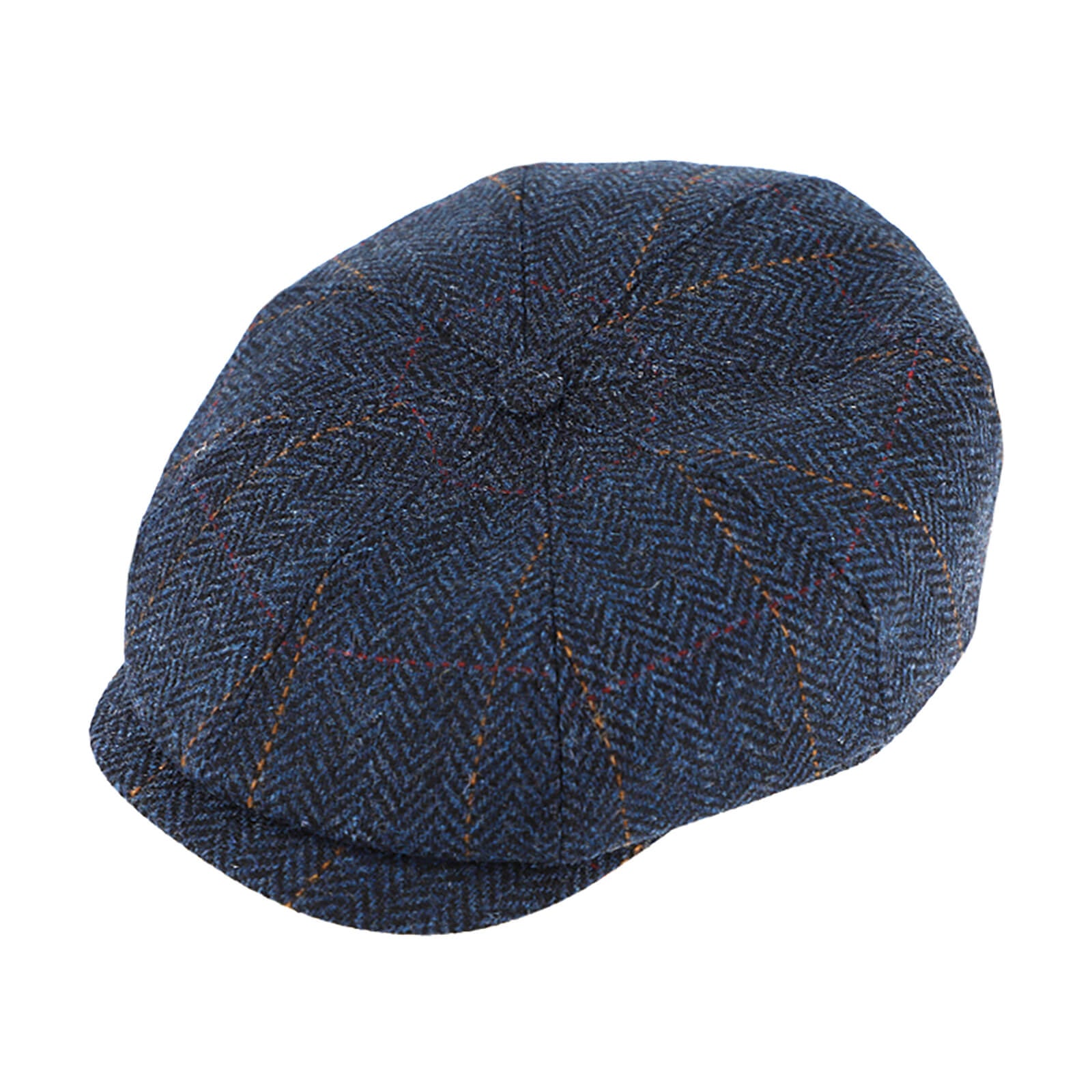Fiebig 8-Panel Cap Shetlandwolle mit Steg Fischgraet und Karo Marineblau