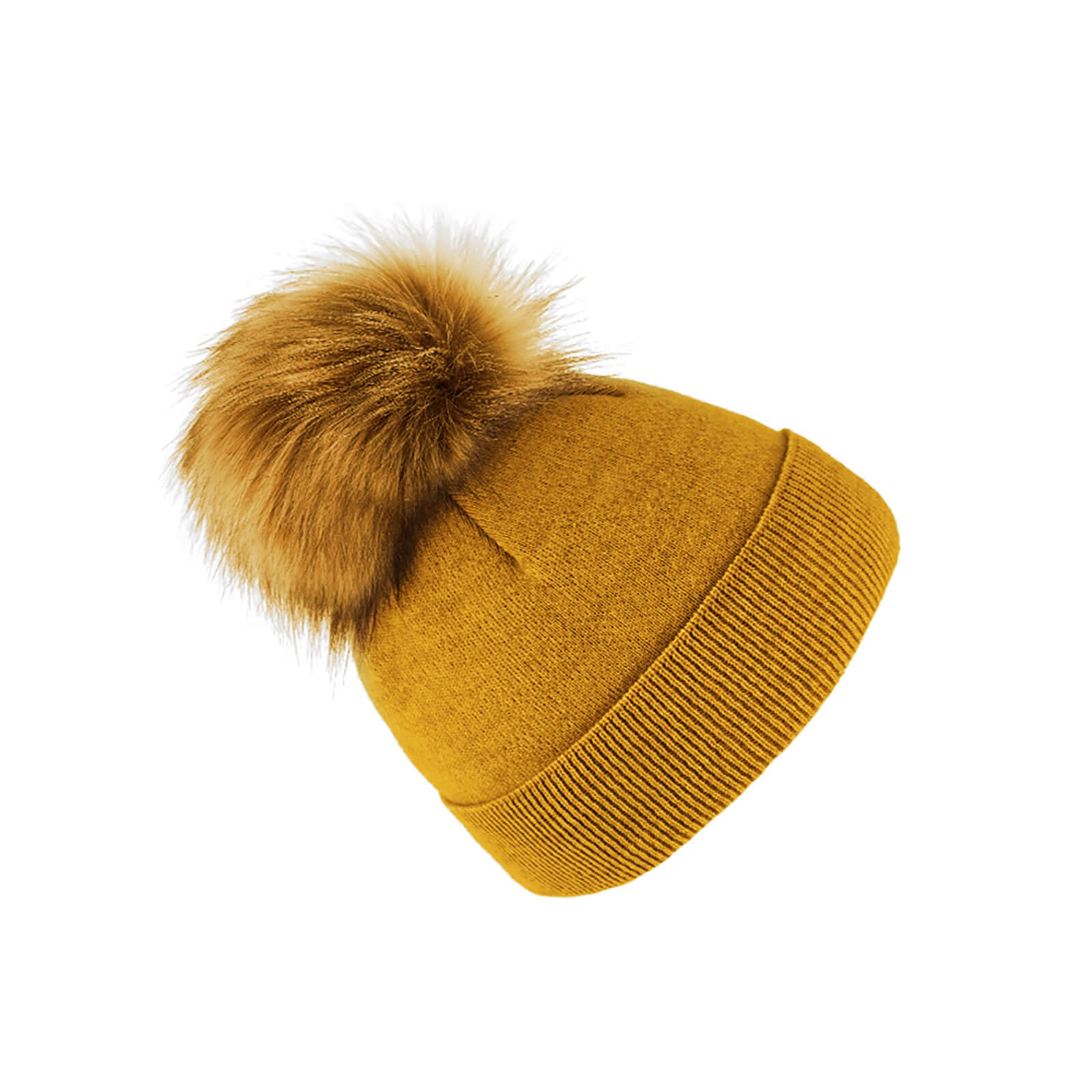 Fiebig Strickmütze mit Kunstfell Bommel und Umschlag Wolle uni