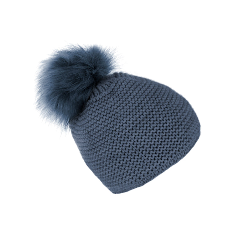 Fiebig Strickmütze mit Kunstfellbommel uni – Jeansblau