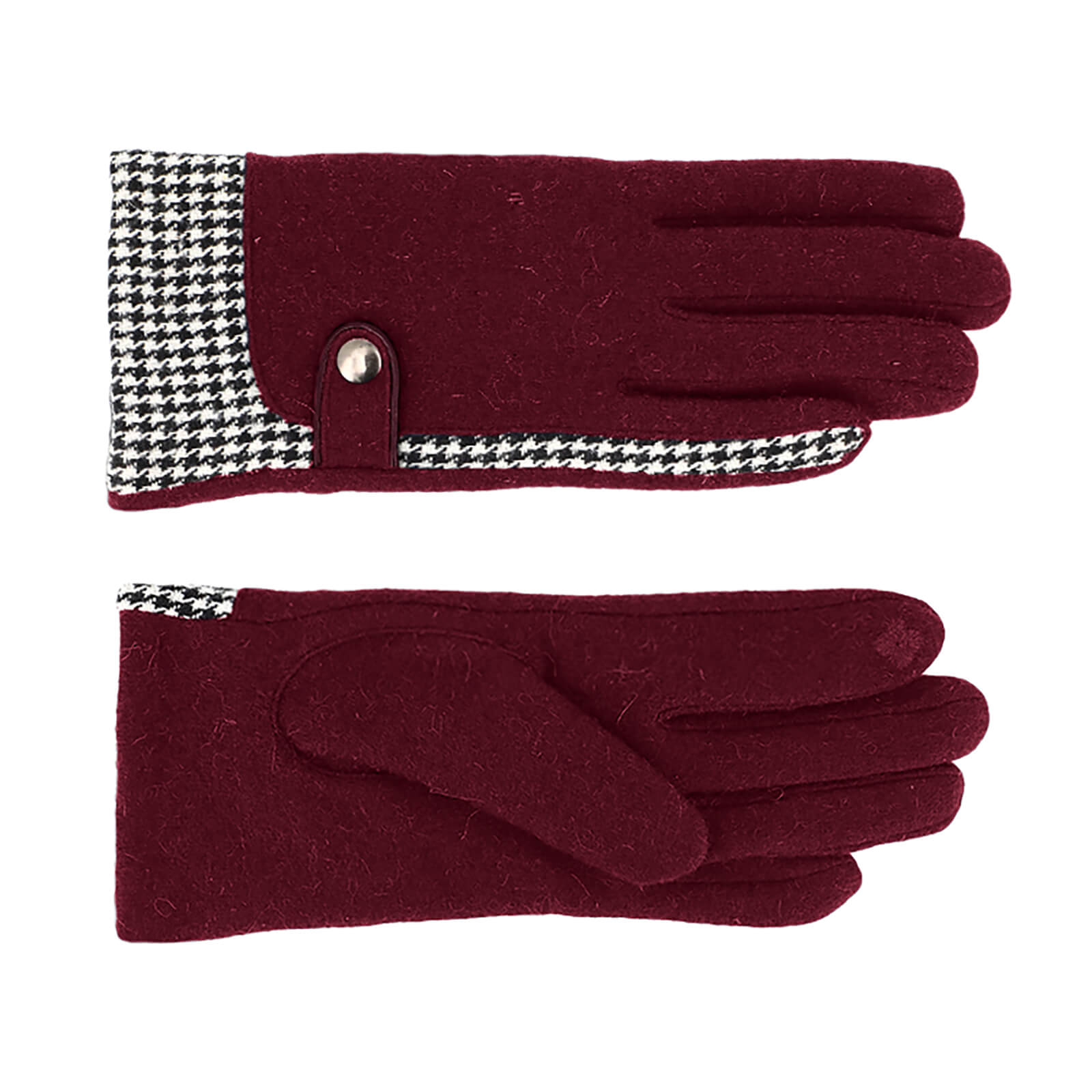 Fiebig Handschuhe Wolle Hahnentritt uni mit Druckknopf Bordeaux
