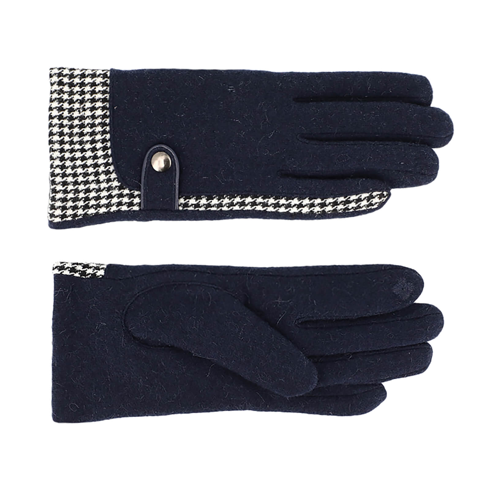 Fiebig Handschuhe Wolle Hahnentritt uni mit Druckknopf Marineblau