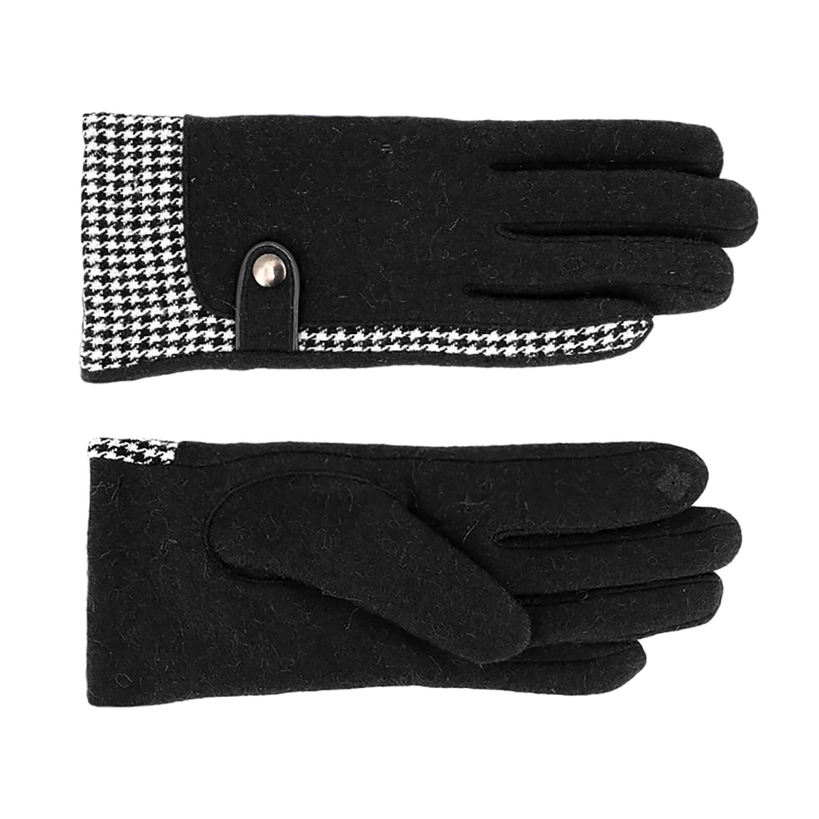 Fiebig Handschuhe Wolle Hahnentritt uni mit Druckknopf Schwarz
