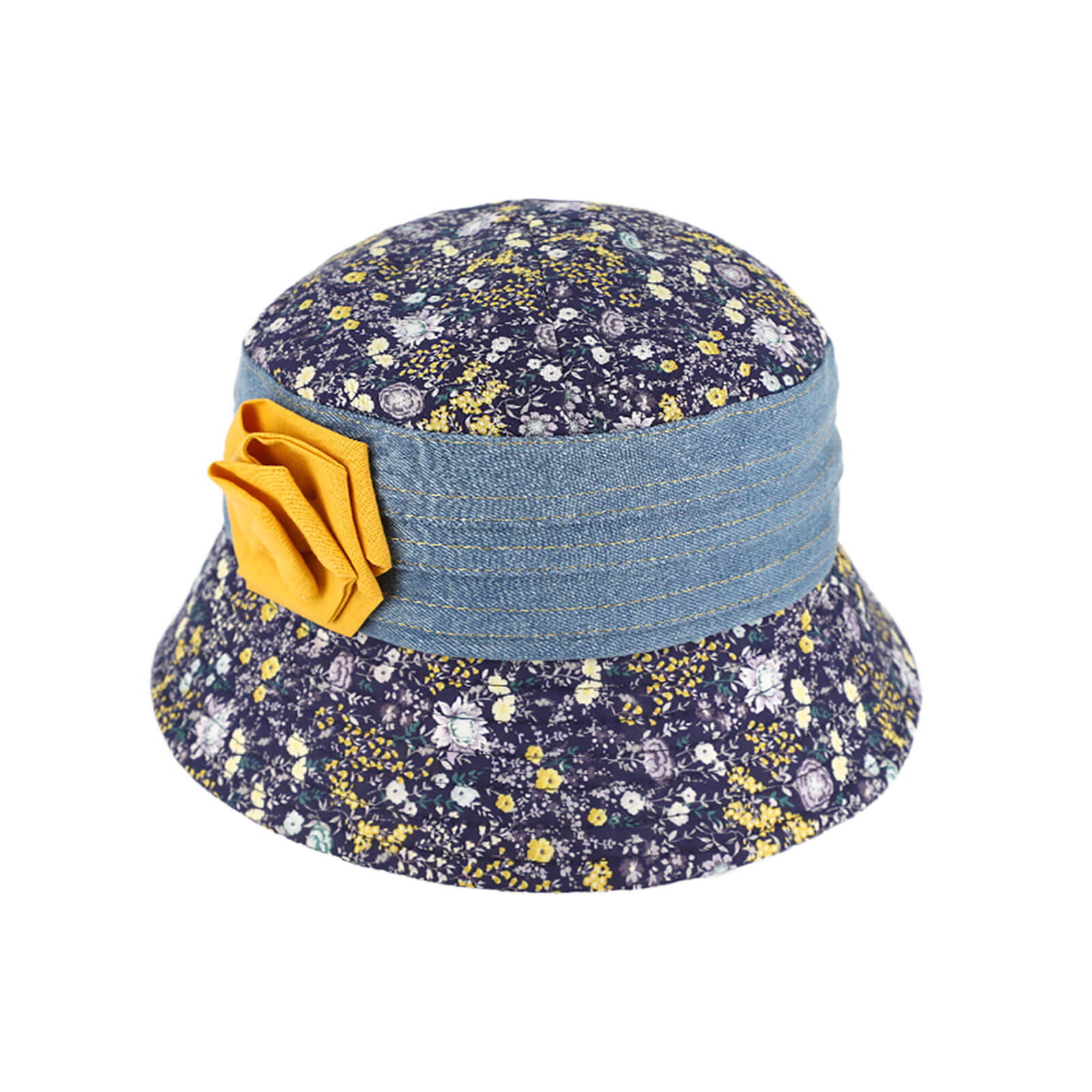Fiebig Stoffhut Blumenmuster mit Jeans Raffung und Blüte Jeansblau