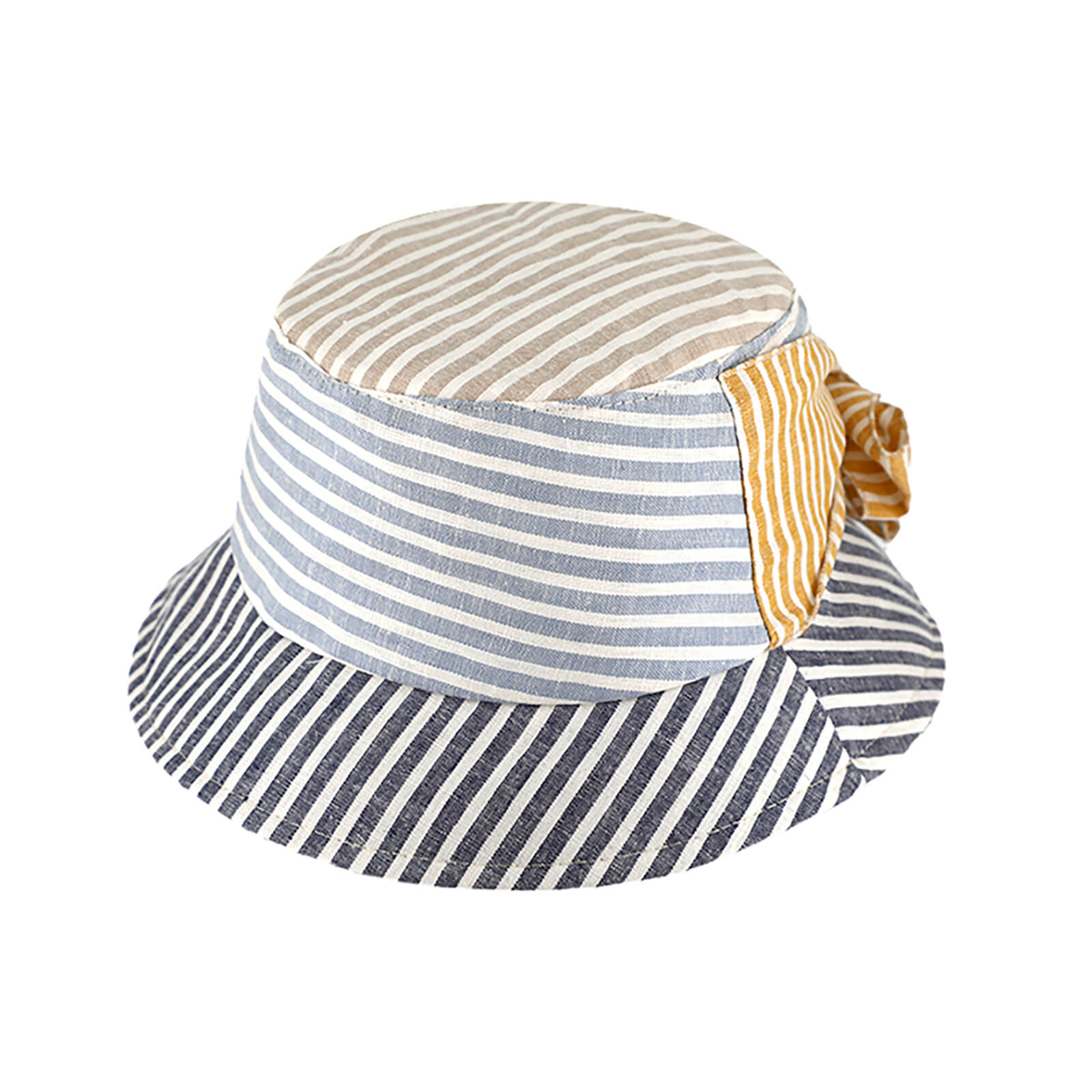Fiebig Fischerhut Leinen Patchwork gestreift mit Schleife Marineblau